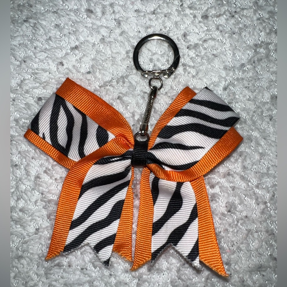 New Mini Cheer Bow Keychain Hand crafted Orange with Zebra Print